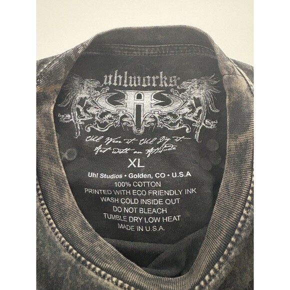 Uhl Studios Skull Wings Graphic Tee XL Gray Hierarchy Studded USA Motorcycle - Picture 7 of 12